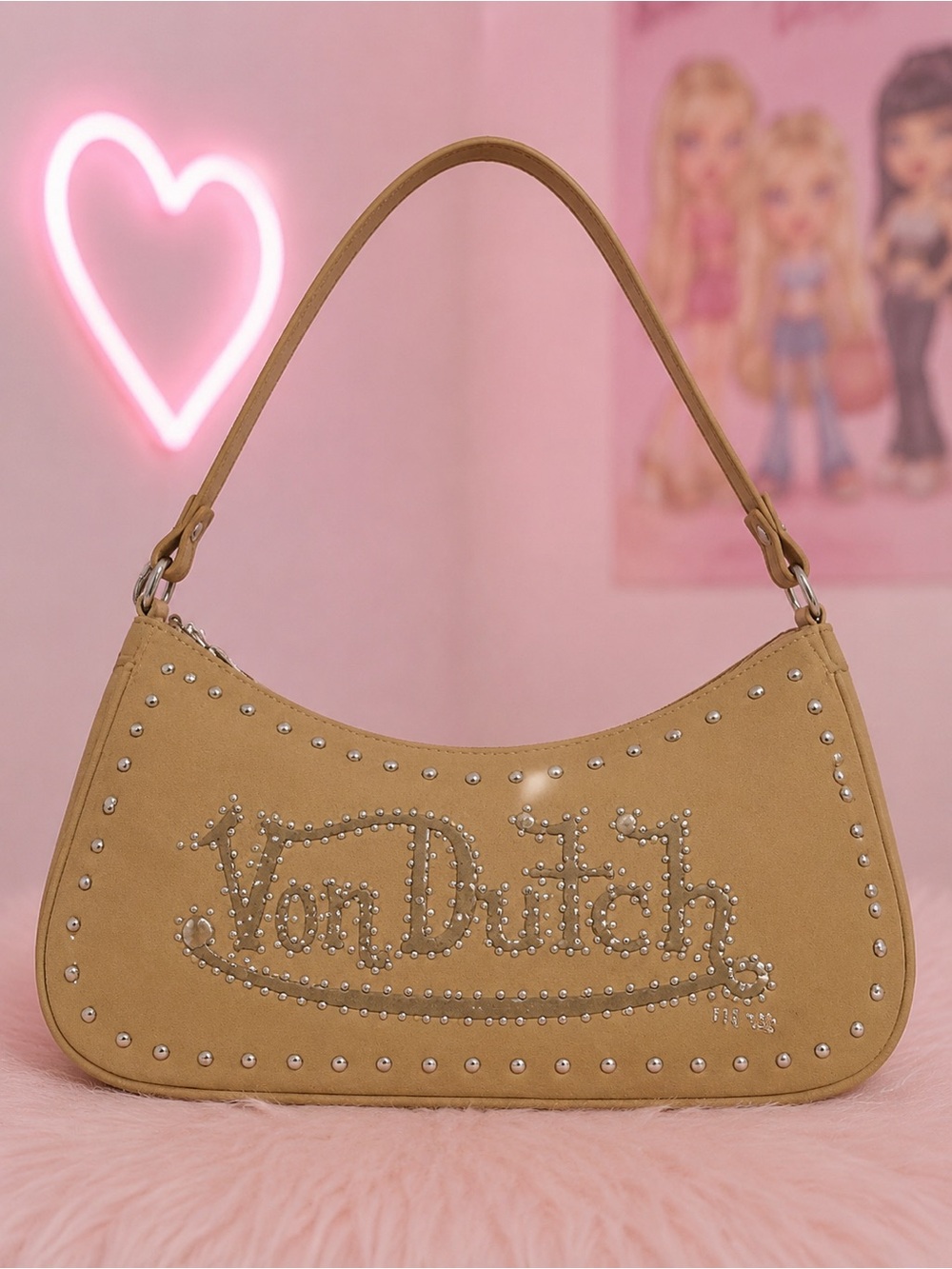 Von Dutch Tan Studded Logo Shoulder Bag